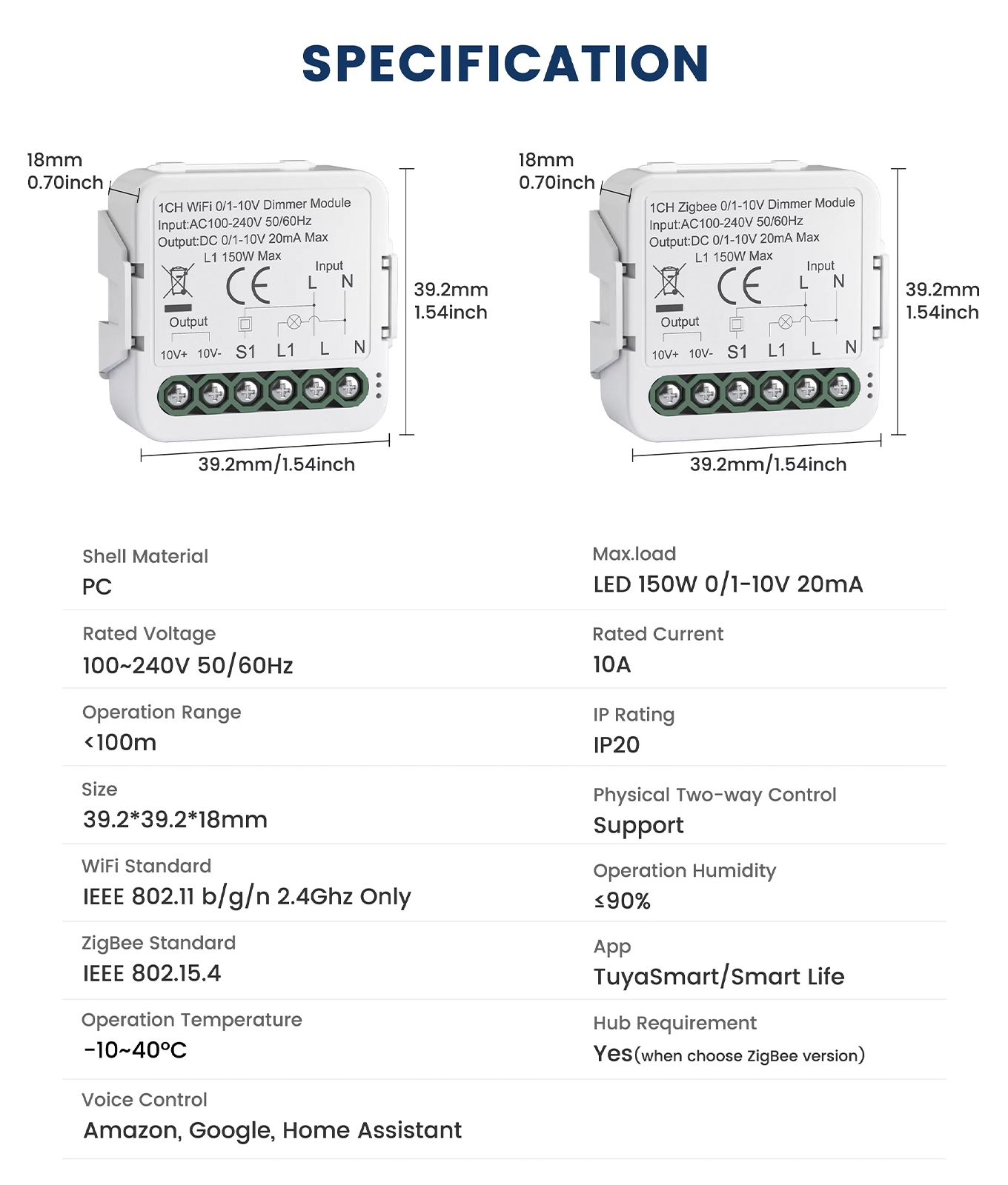 0/1-10V WiFi and Zigbee Dimmer Switch Specifications: 39.2 x 39.2 x 18mm, PC casing, 150W LED, 20mA output