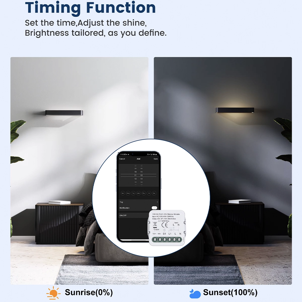 0/1-10V dimmer timer with programmed brightness: minimum light in the morning and full light in the evening in the bedroom