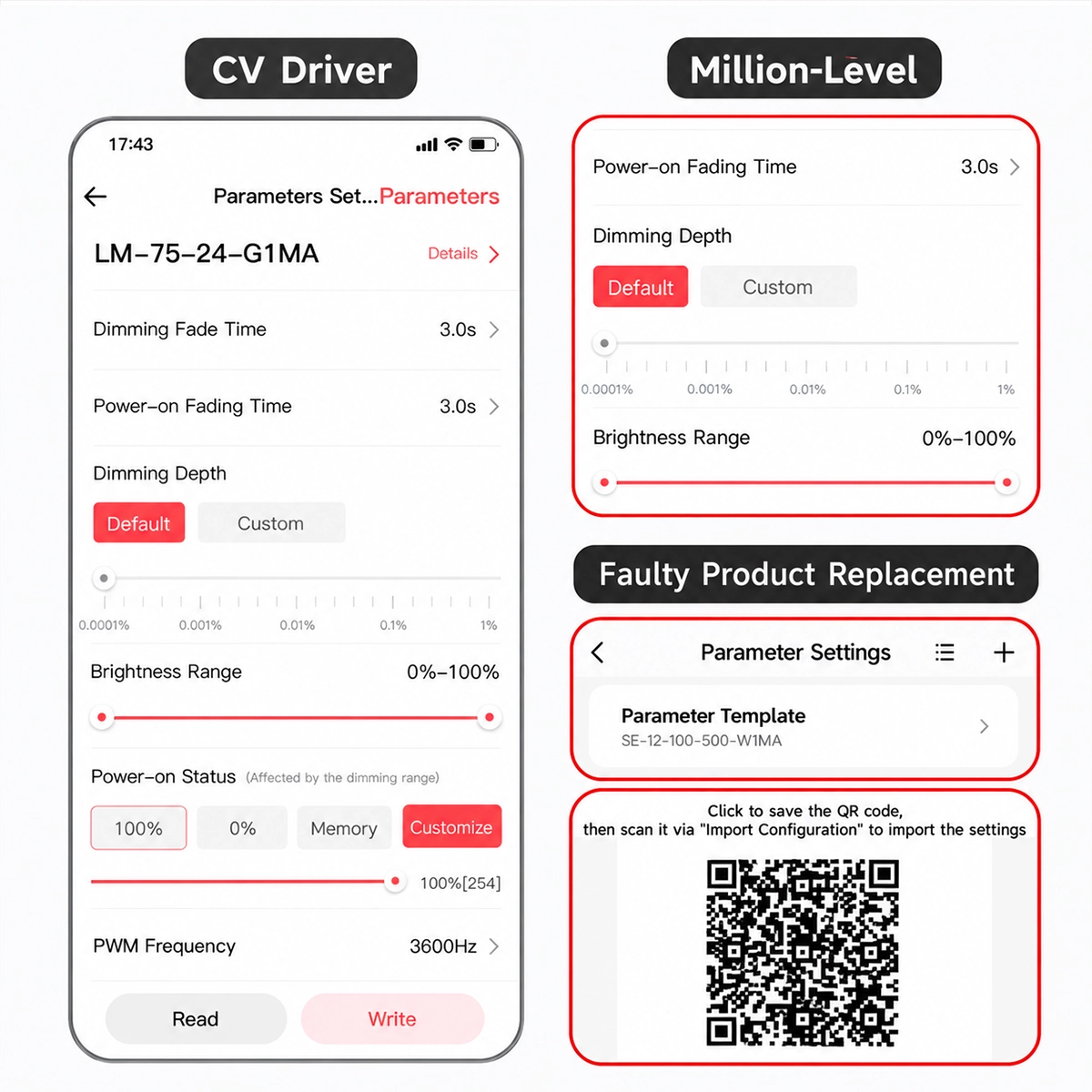 App NFC Lighting con i parametri del driver LM-75-24-G1MA: dissolvenza, luminosità e stato all'accensione