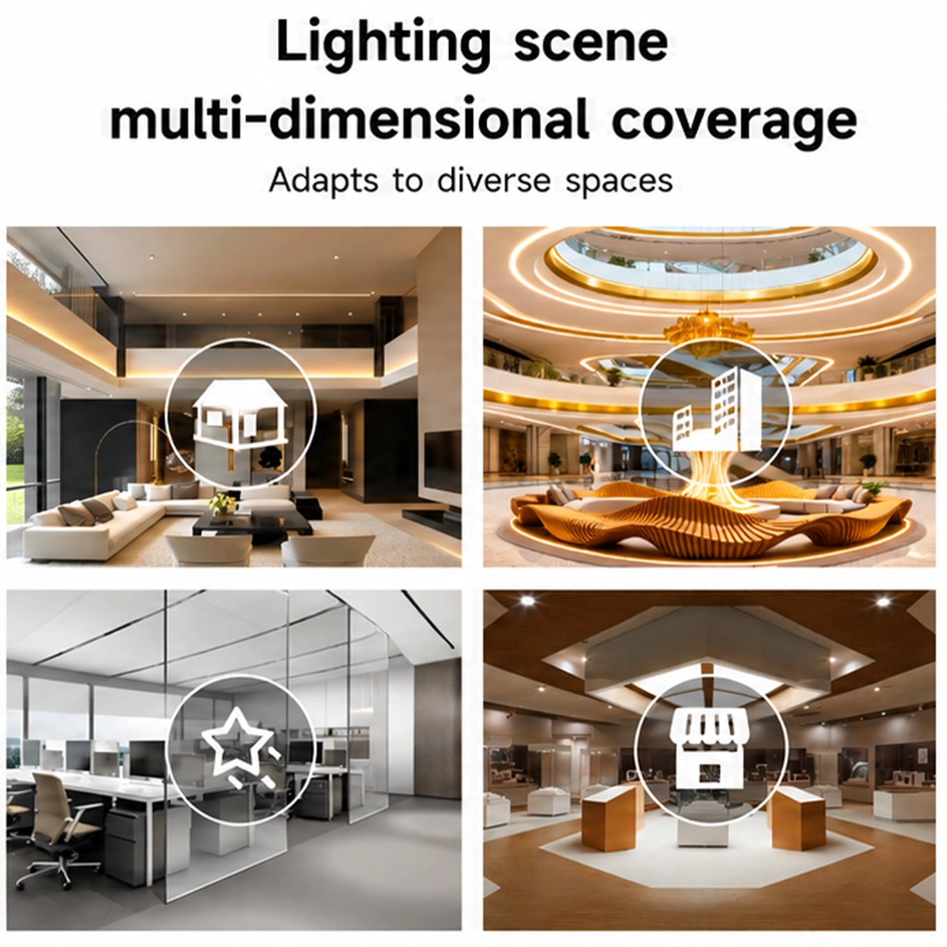 Ambienti d'uso del driver LED Matter: soggiorno di casa, hall di un hotel, ufficio e negozio