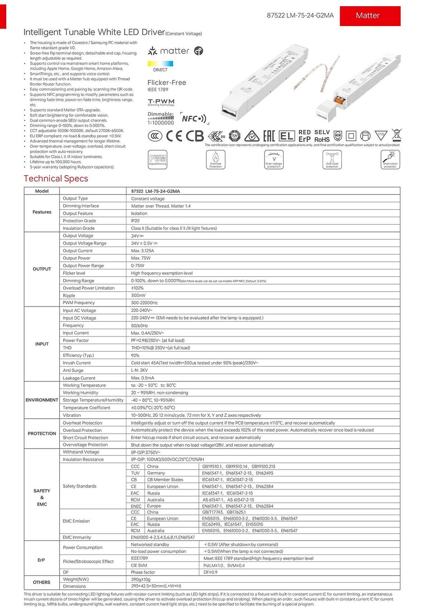 Scheda tecnica LTECH del driver LED CCT LM-75-24-G2MA a bianco variabile con la tabella delle specifiche