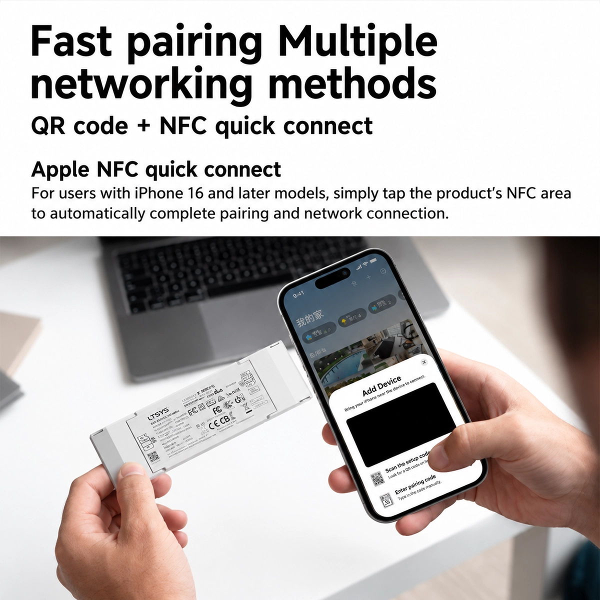 Abbinamento rapido del driver LED Matter con codice QR o avvicinando un iPhone all'area NFC