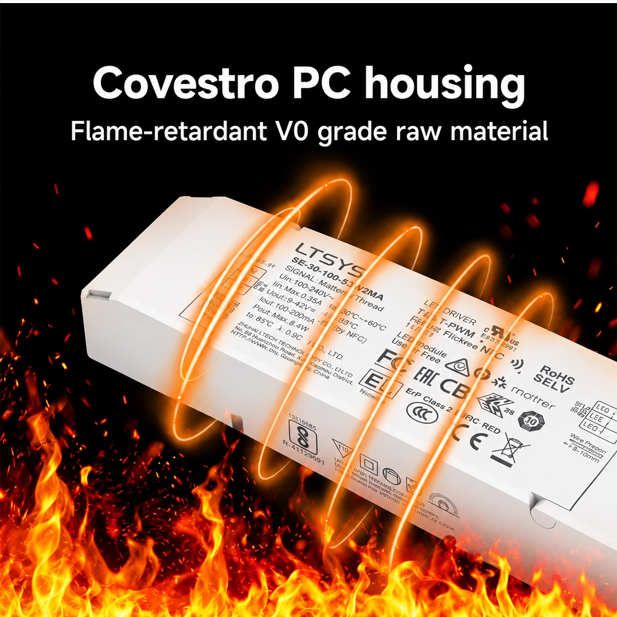 Custodia del driver LED in policarbonato Covestro con grado V0 di resistenza alla fiamma