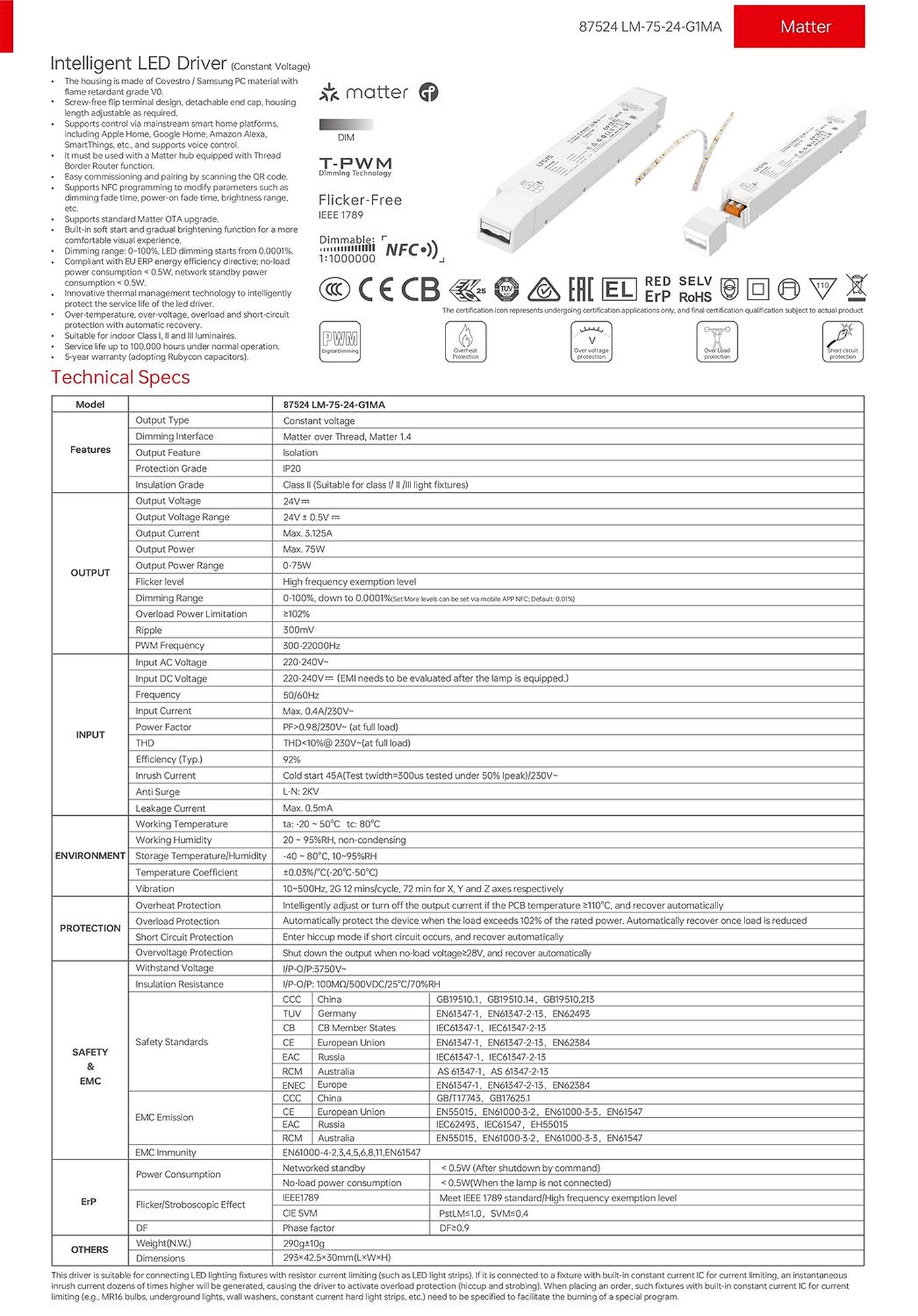 Scheda tecnica LTECH del driver LED a tensione costante LM-75-24-G1MA con la tabella delle specifiche