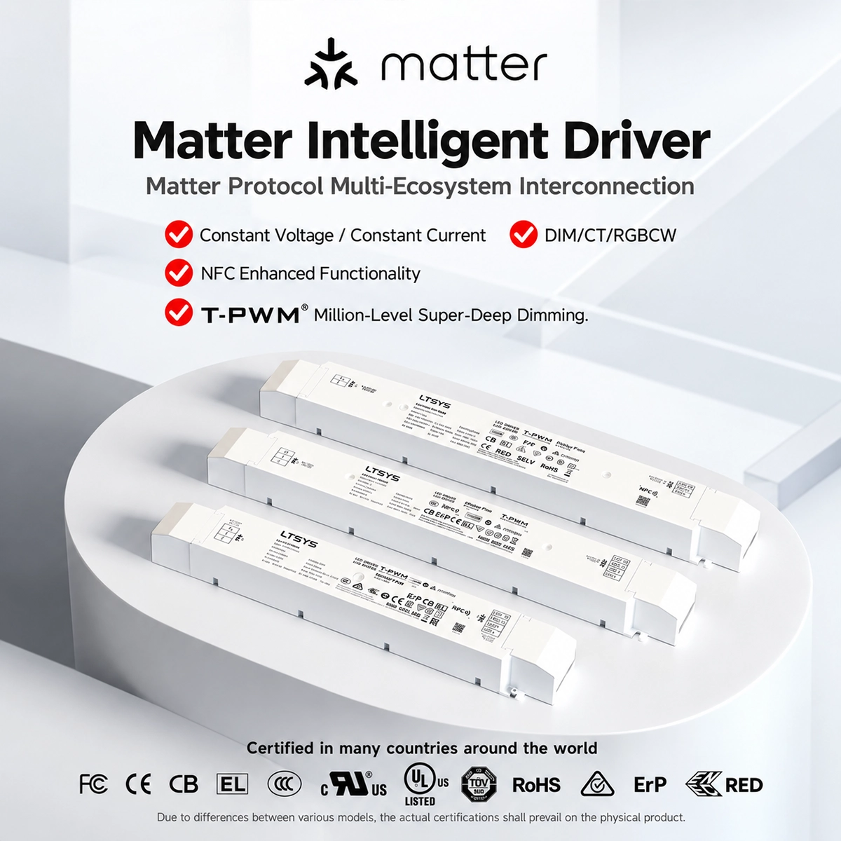 Tre driver LED Matter LTECH bianchi con le funzioni principali: tensione costante, NFC e dimming T-PWM