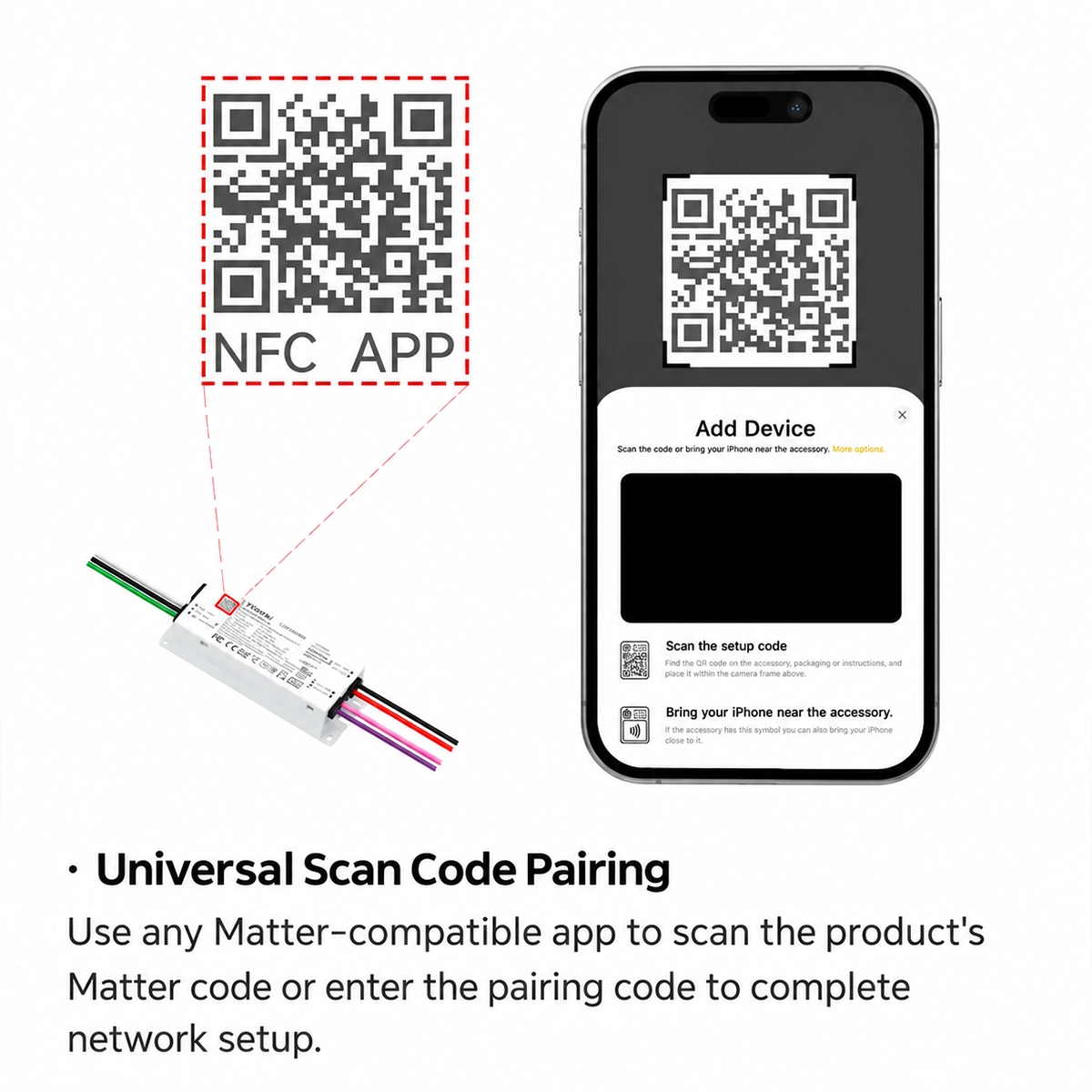 Universal Matter LED driver pairing: QR code on label scanned by a compatible app