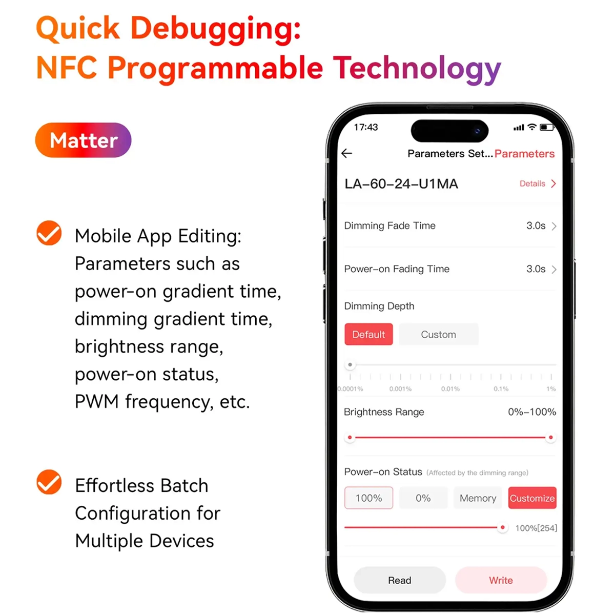 NFC Lighting app on the LA-60-24-U1MA driver: fade time, dimming depth and brightness range