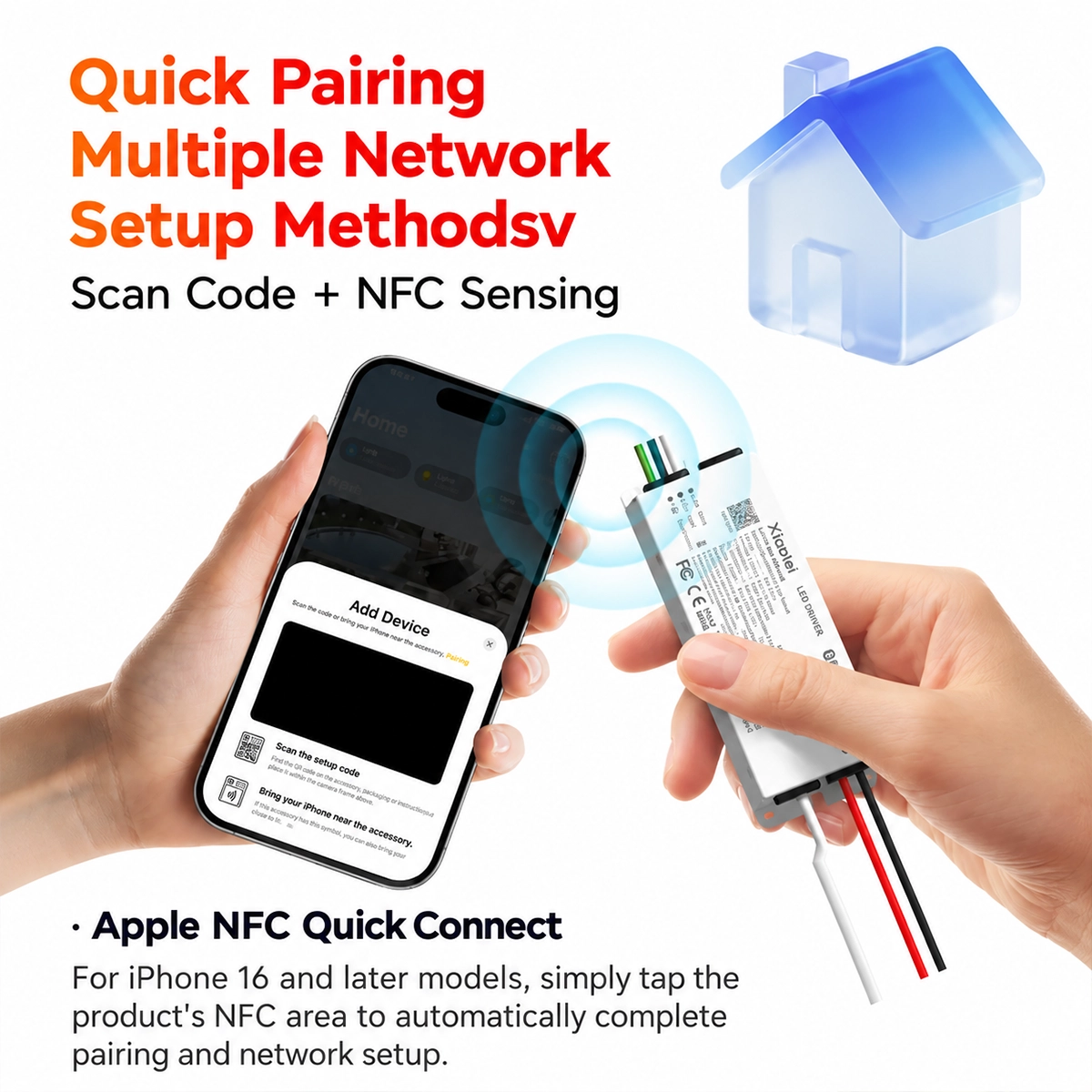 Quickly pair the Matter LED driver by tapping an iPhone 16 near the NFC area, or with a QR code