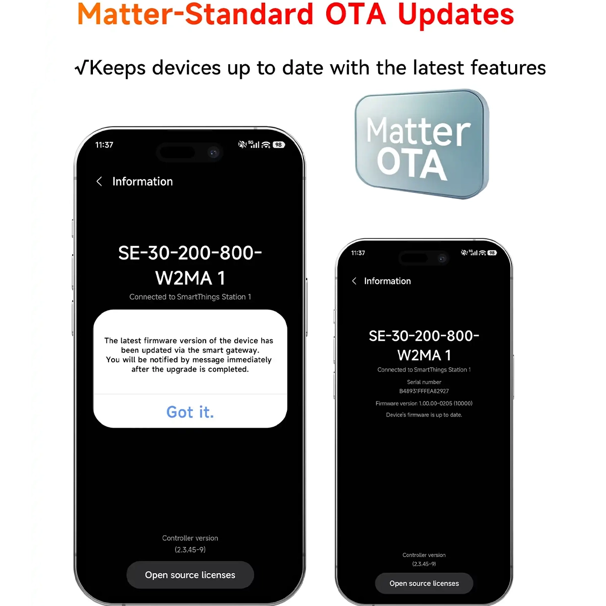 Matter LED driver firmware OTA update, shown on the screen of two smartphones