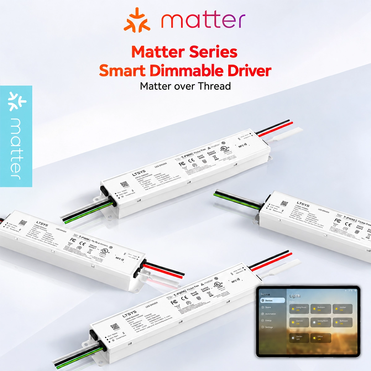 Four Matter over Thread LED drivers in white metal with loose wires and a tablet with the home app