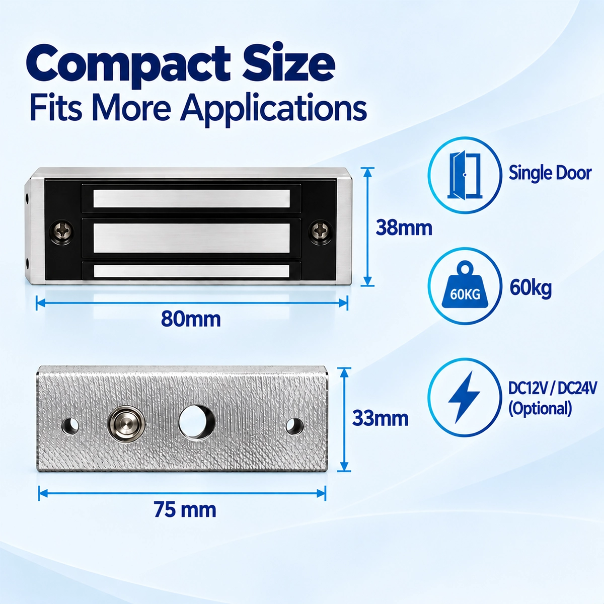 Clock-1 60kg magnetic lock dimensions: 80mm long electromagnet, 12 or 24V DC power supply