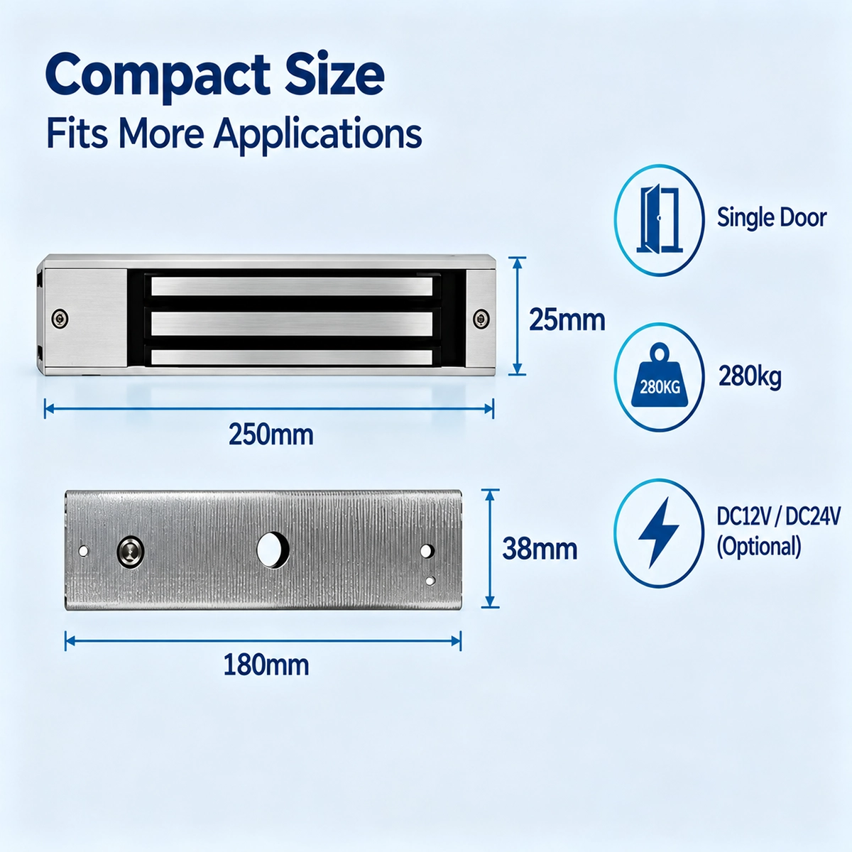 Clock-3 280kg magnetic lock dimensions: electromagnet 250mm long and 25mm high