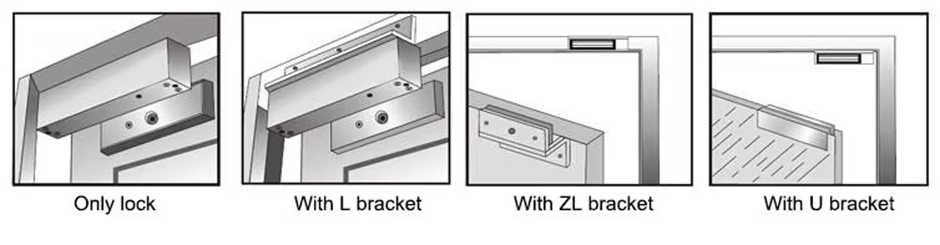 Three magnetic lock mounting options: magnet only, with L-bracket and with ZL-bracket depending on the opening direction