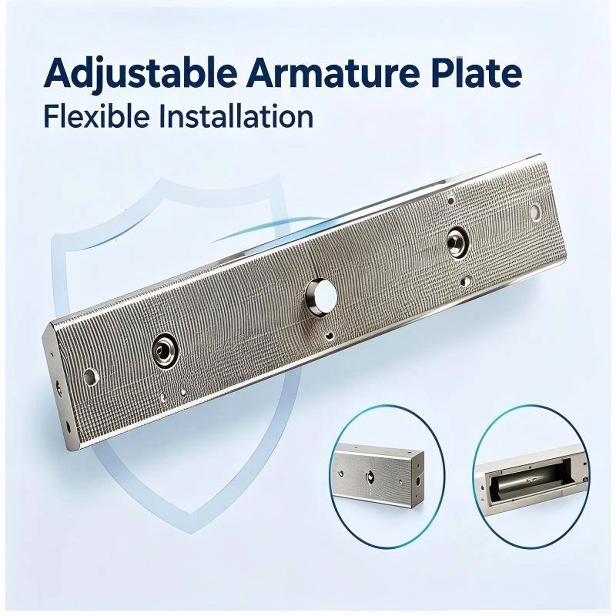 Adjustable magnetic lock retaining plate with center pin and rubber washer for alignment