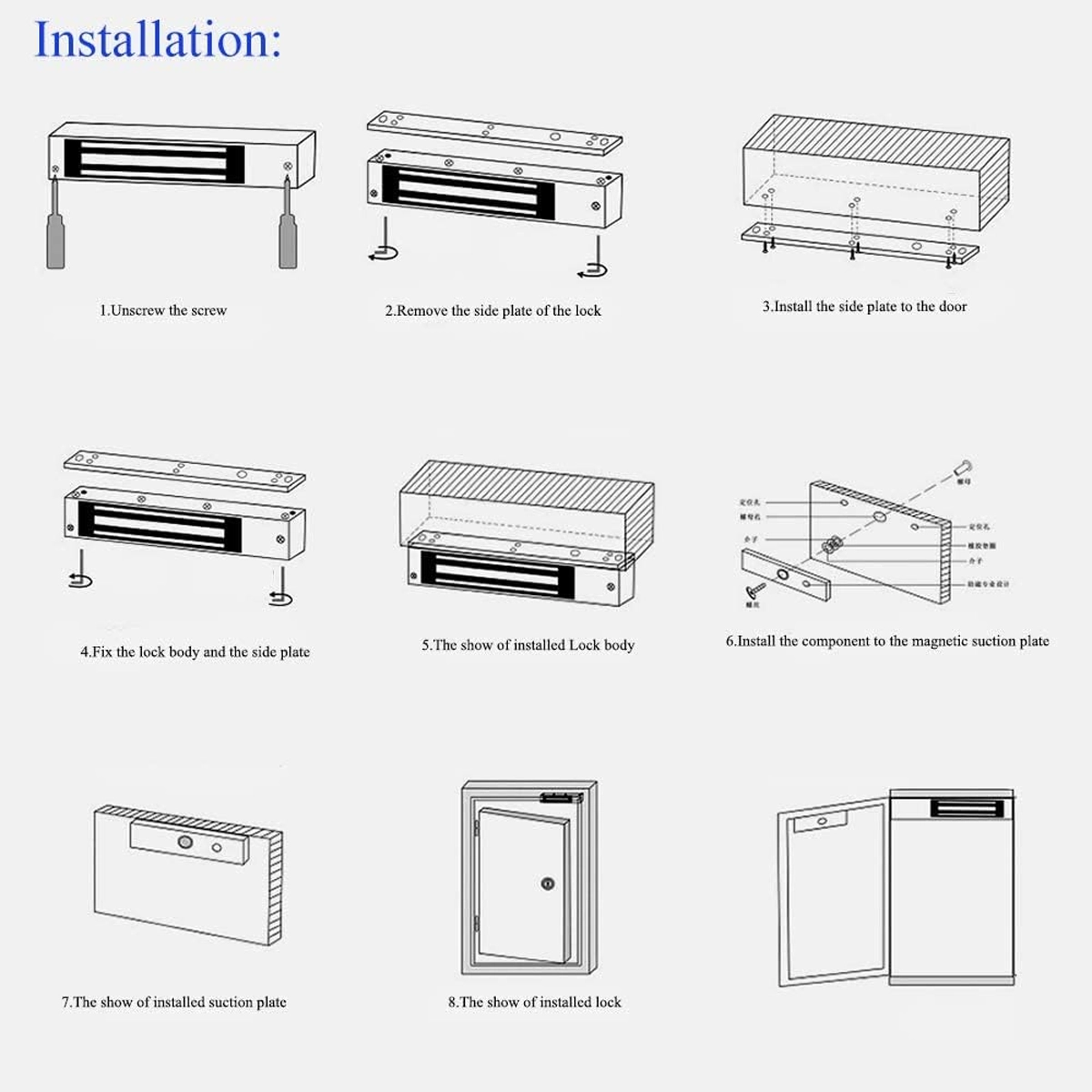 Magnetic lock assembly sequence: side plate on the frame, magnet body and plate on the door