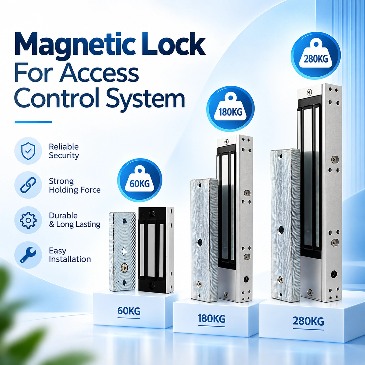 Electromagnetic lock for access control in three versions: 60, 180 and 280 kg with sealing plate