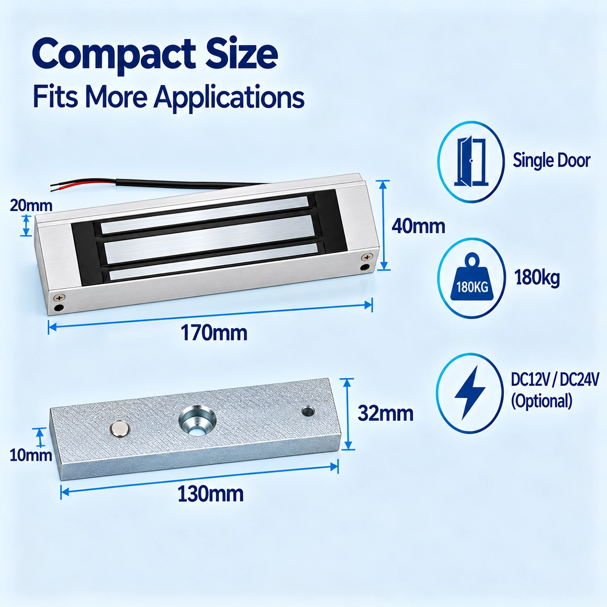 Clock-2 180kg magnetic lock dimensions: 170mm long electromagnet and 130mm plate