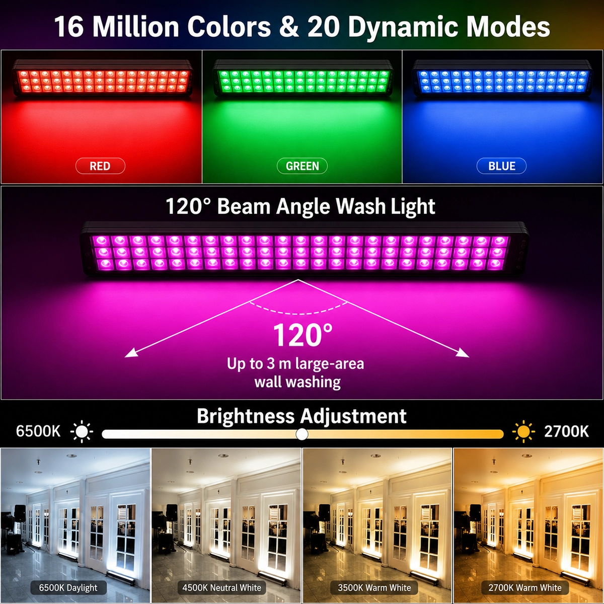 Colori rosso, verde e blu, fascio di 120° e bianco da 6500 a 2700 K della barra lineare LED RGB+CCT
