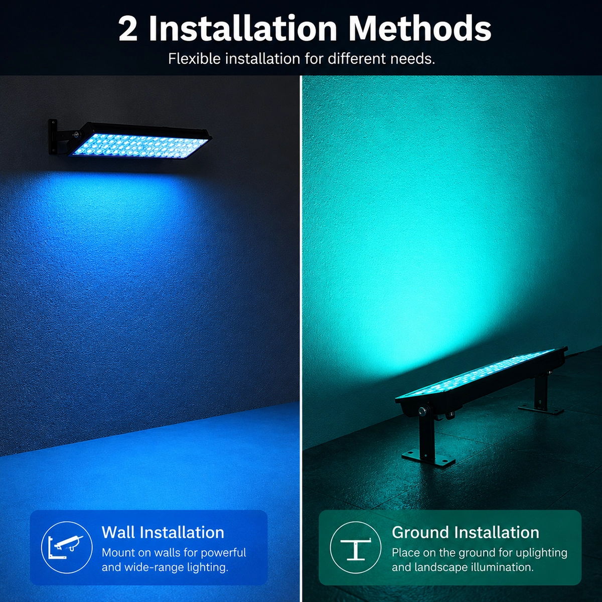 Barra LED RGB+CCT installata a parete e a terra, con la luce azzurra proiettata sul muro