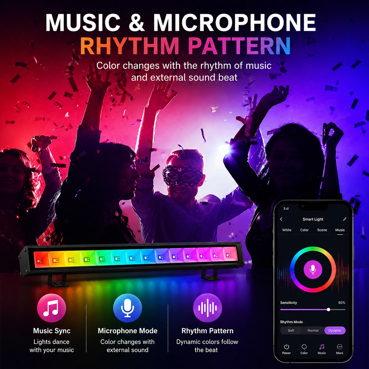 Modalità musica e microfono della barra LED RGB+CCT a una festa, con lo smartphone e l'app aperta