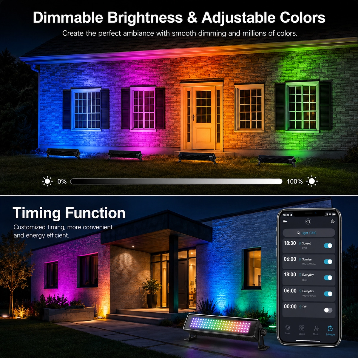Barre LED RGB+CCT che illuminano di colori una facciata di sera, con la luminosità regolabile e i timer nell'app