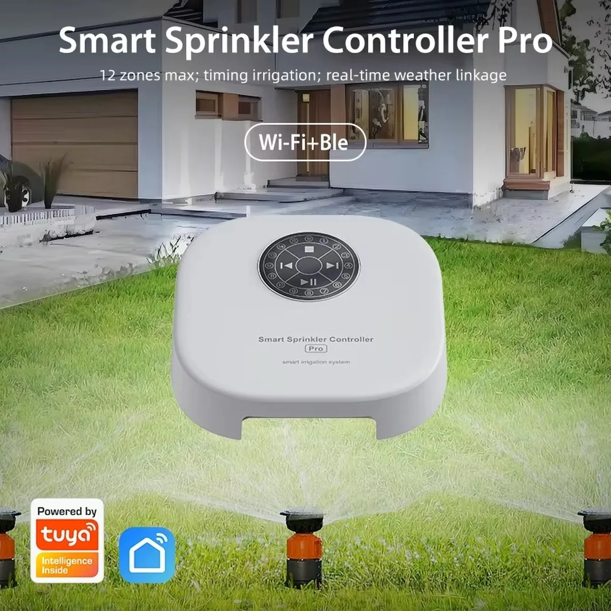 Centralina irrigazione smart Tuya Pro a 12 zone su un prato con irrigatori, WiFi e Bluetooth