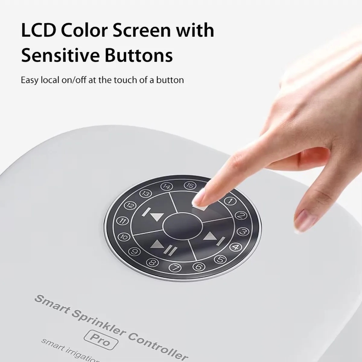 Pannello touch della centralina irrigazione Tuya con tasti avvio, pausa, stop e cambio zona numerati