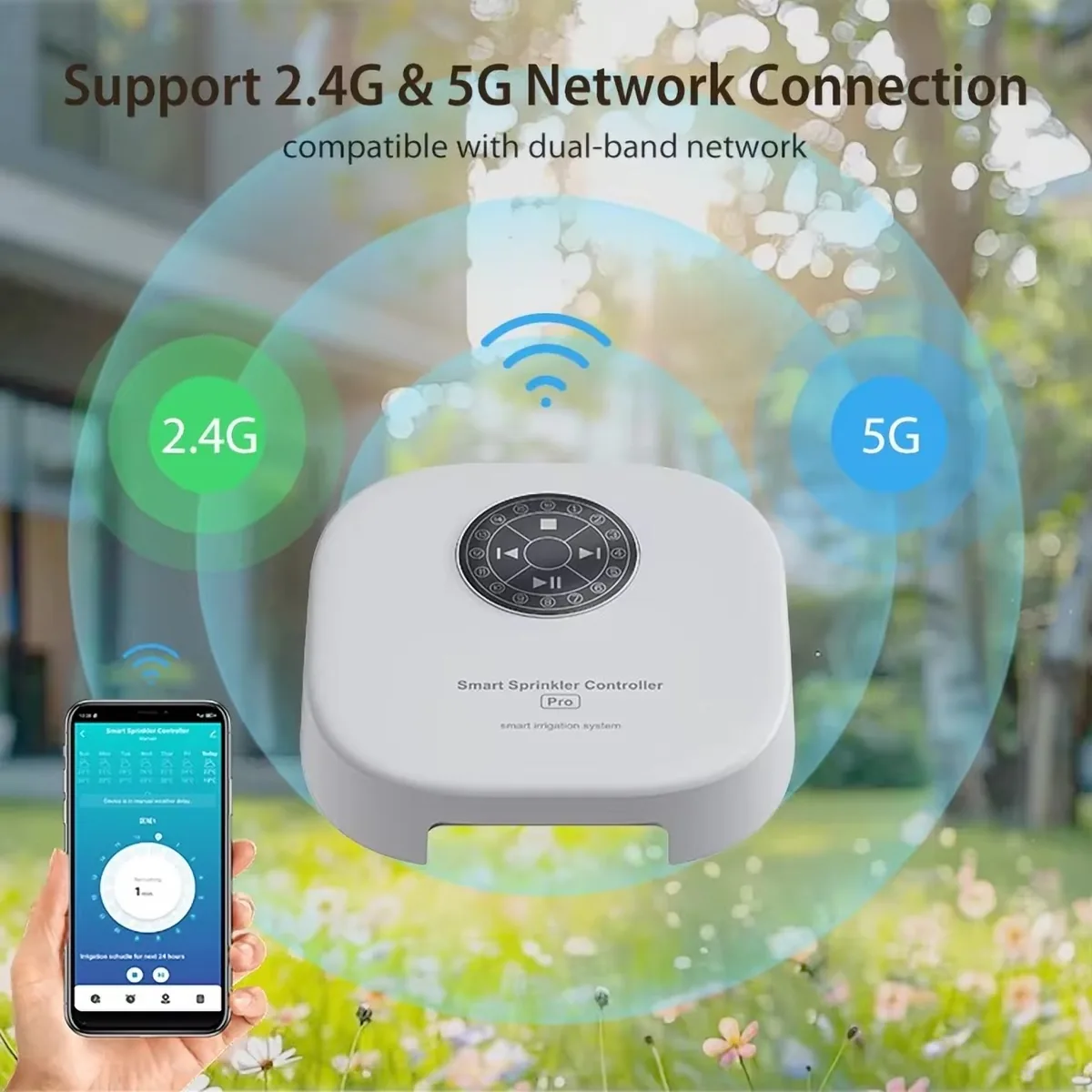 Centralina irrigazione Tuya collegata al WiFi a 2,4 o 5 GHz, con l'app aperta sul telefono in giardino