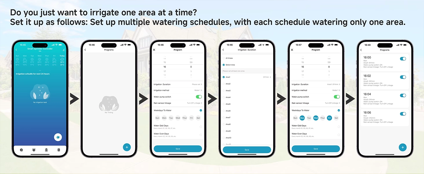 Schermate dell'app per irrigare una zona alla volta: un programma per ogni area con orario e giorni