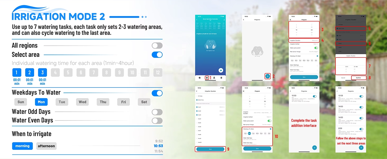 Programmi della centralina irrigazione nell'app: aree scelte, durata, giorni della settimana e orario