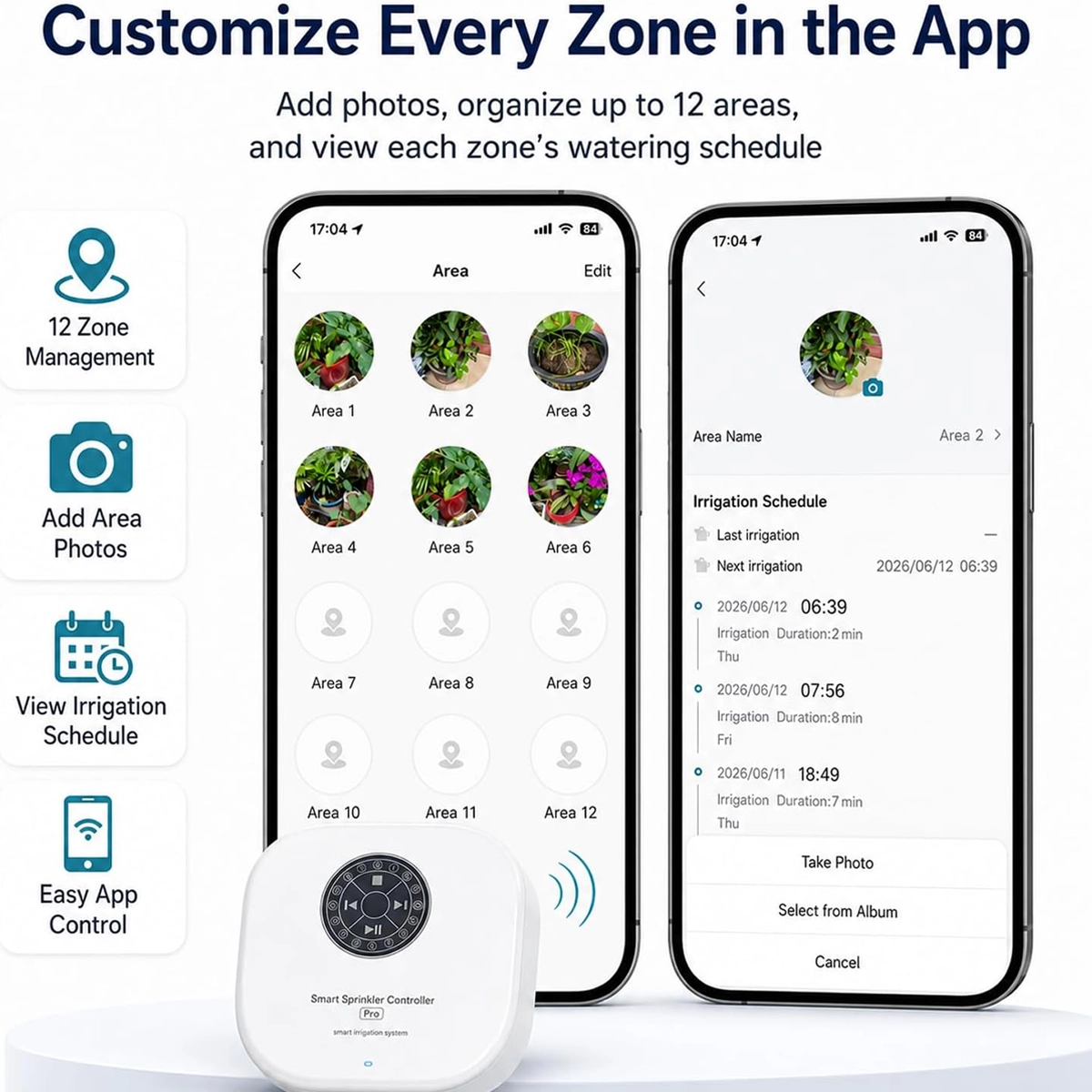 App Smart Life con le 12 zone della centralina irrigazione, foto delle aree e prossime irrigazioni