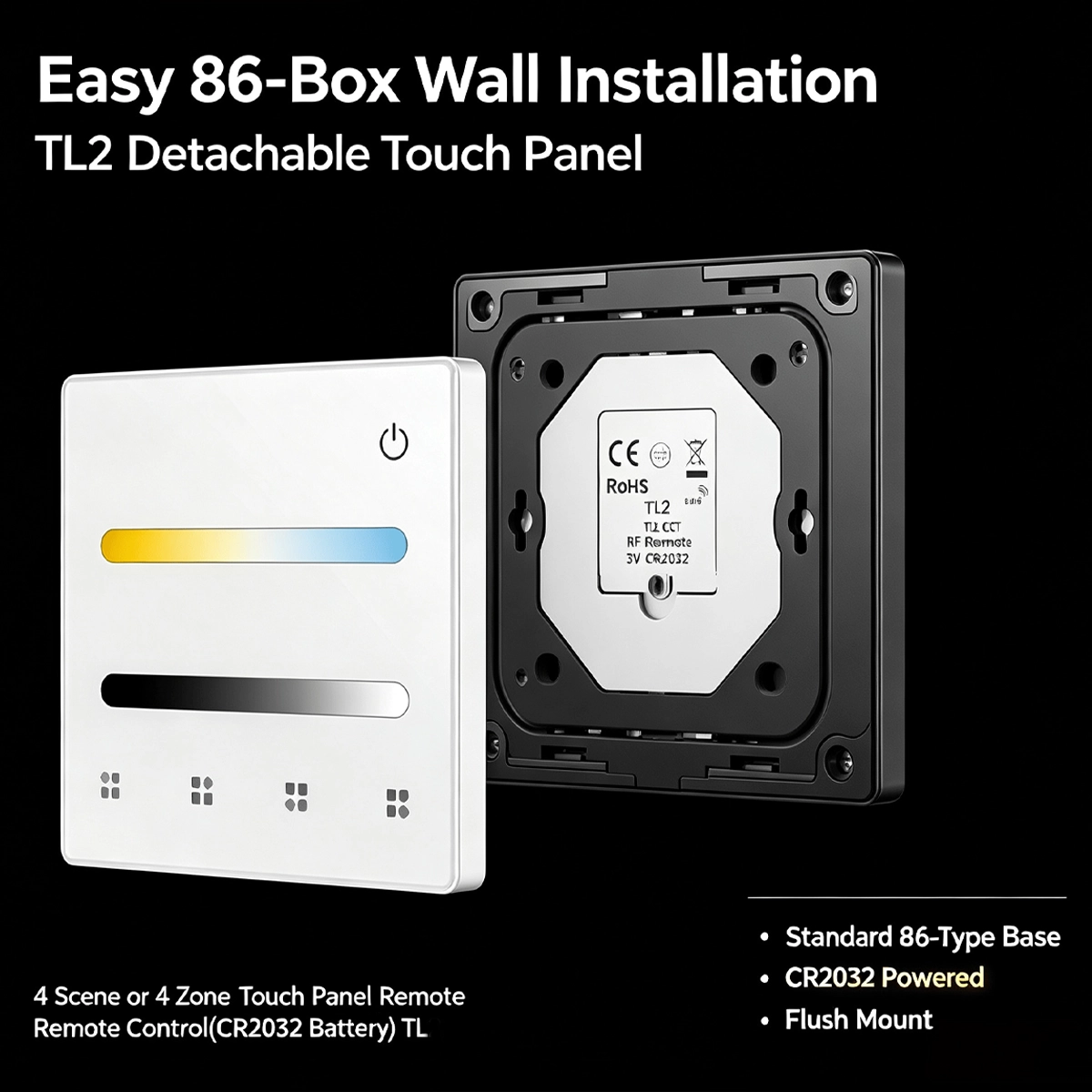 Detachable touch panel with base plate for 86 size box, powered by one CR2032 battery