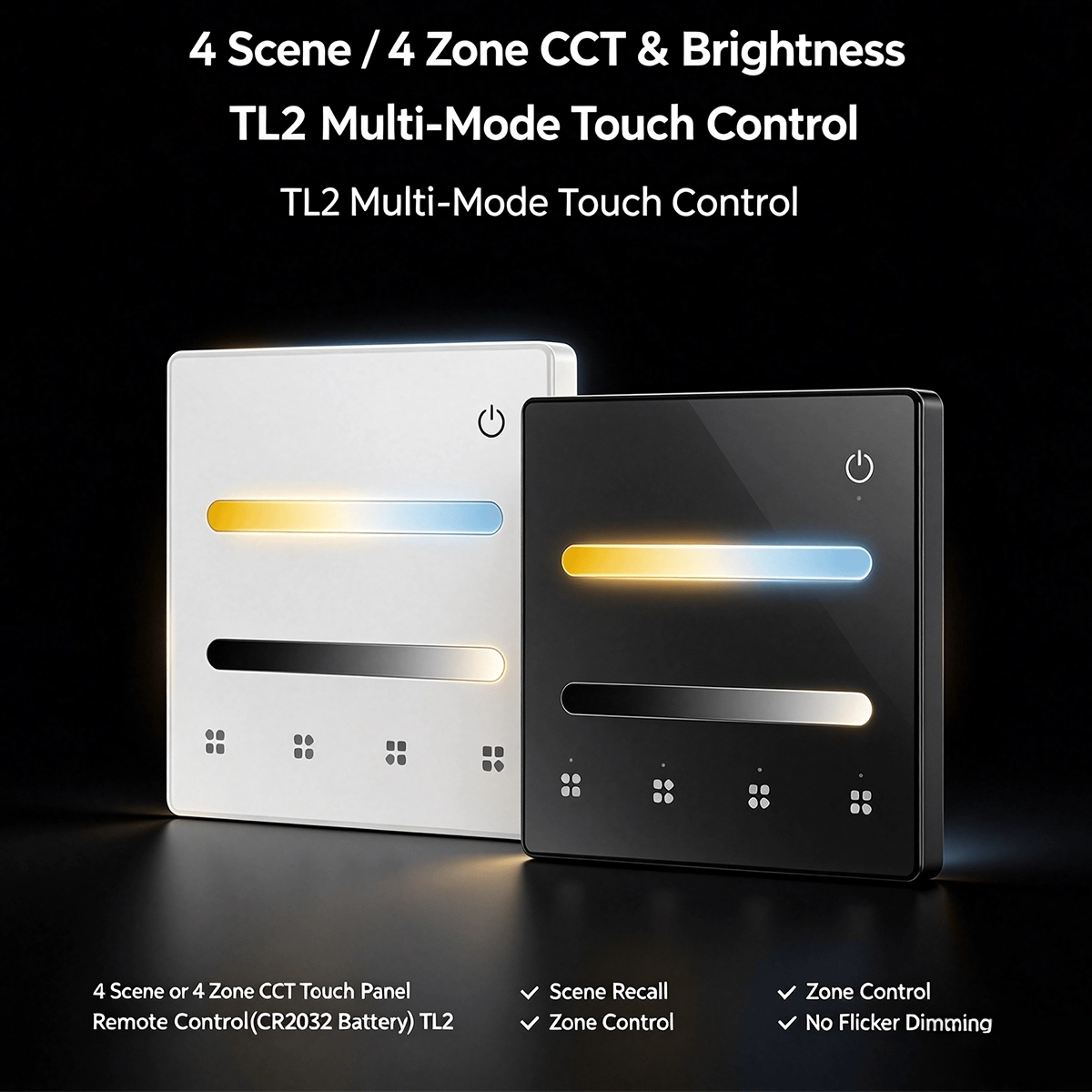 TL2 Touch Panel for Black and White CCT LEDs, with White Temperature and Brightness Sliders