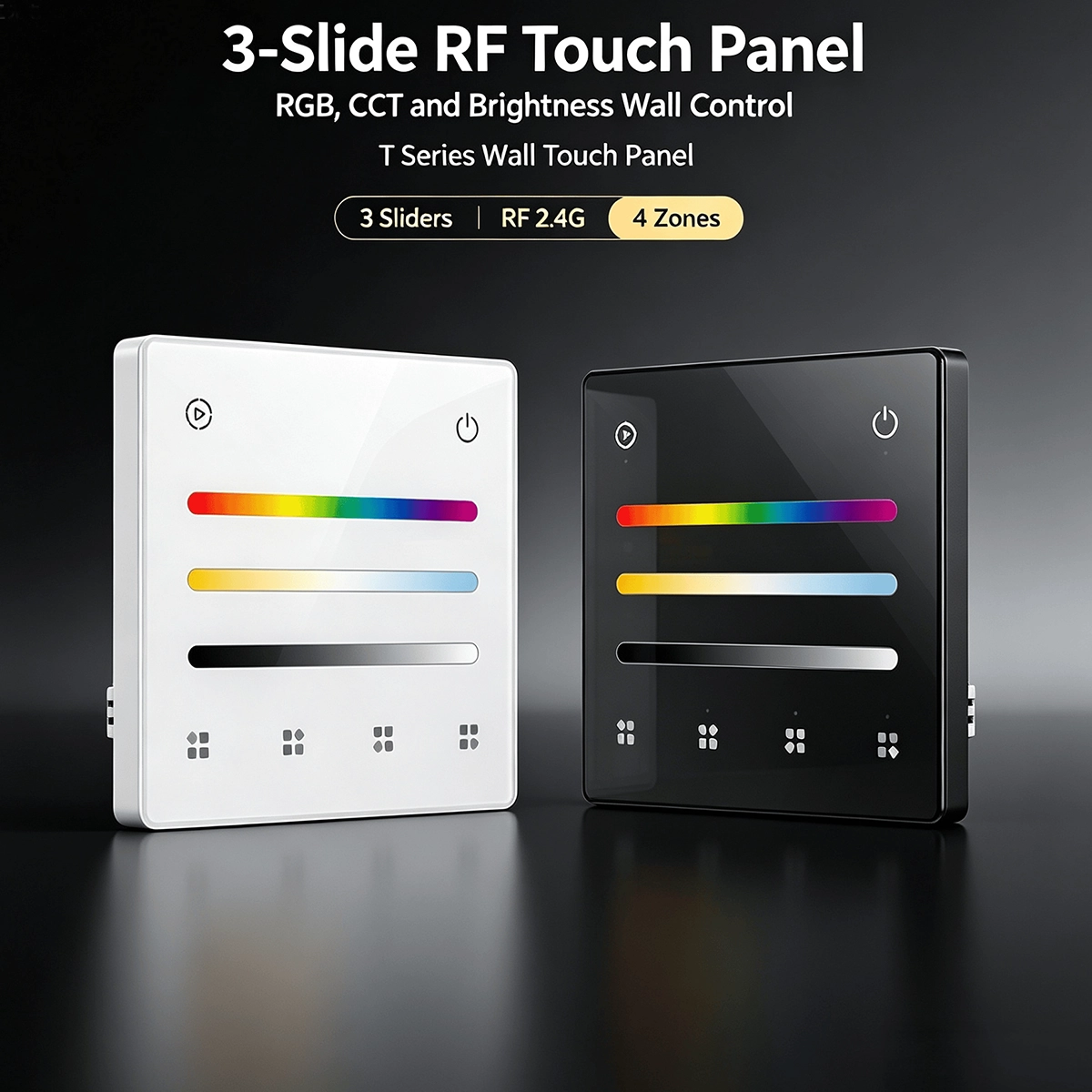 Three-slider touch panel for RGB+CCT LEDs, black and white: color, white temperature and brightness