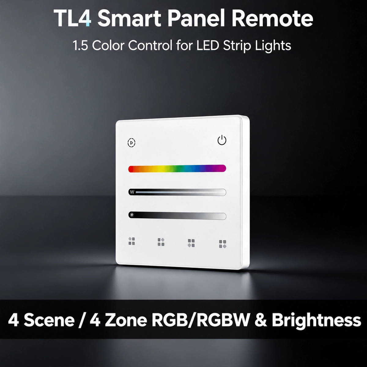 White TL4 touch panel for RGB and RGBW LEDs, with three sliders and four buttons for 4 scenes or 4 zones