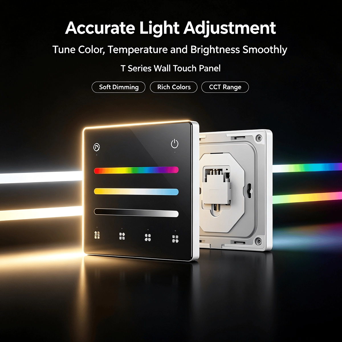Black RGB+CCT touch panel with its base plate and LED strips lit in warm white and color