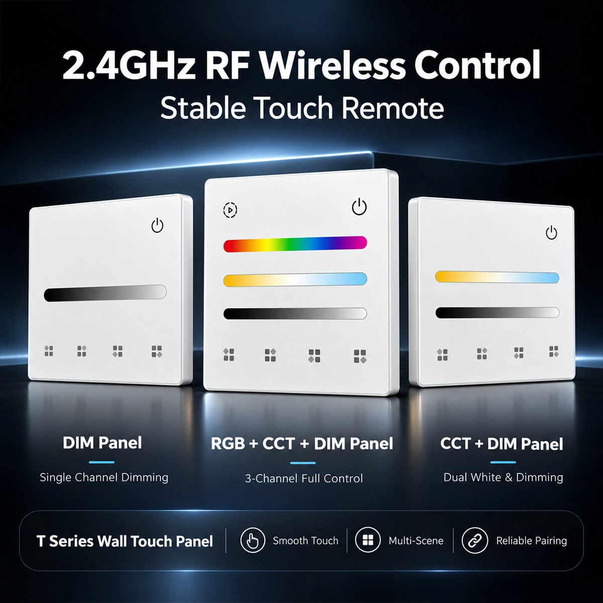 Three white 2.4G RF touch panels for LED controllers: DIM, RGB+CCT and CCT versions with sliders and scene keys