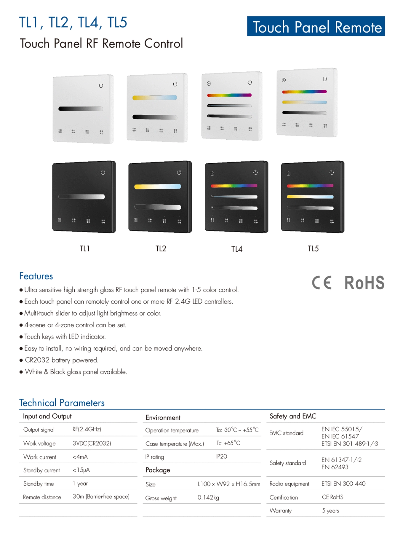 Technical data sheet for the TL1, TL2, TL4 and TL5 touch panels in black and white, with features and parameters