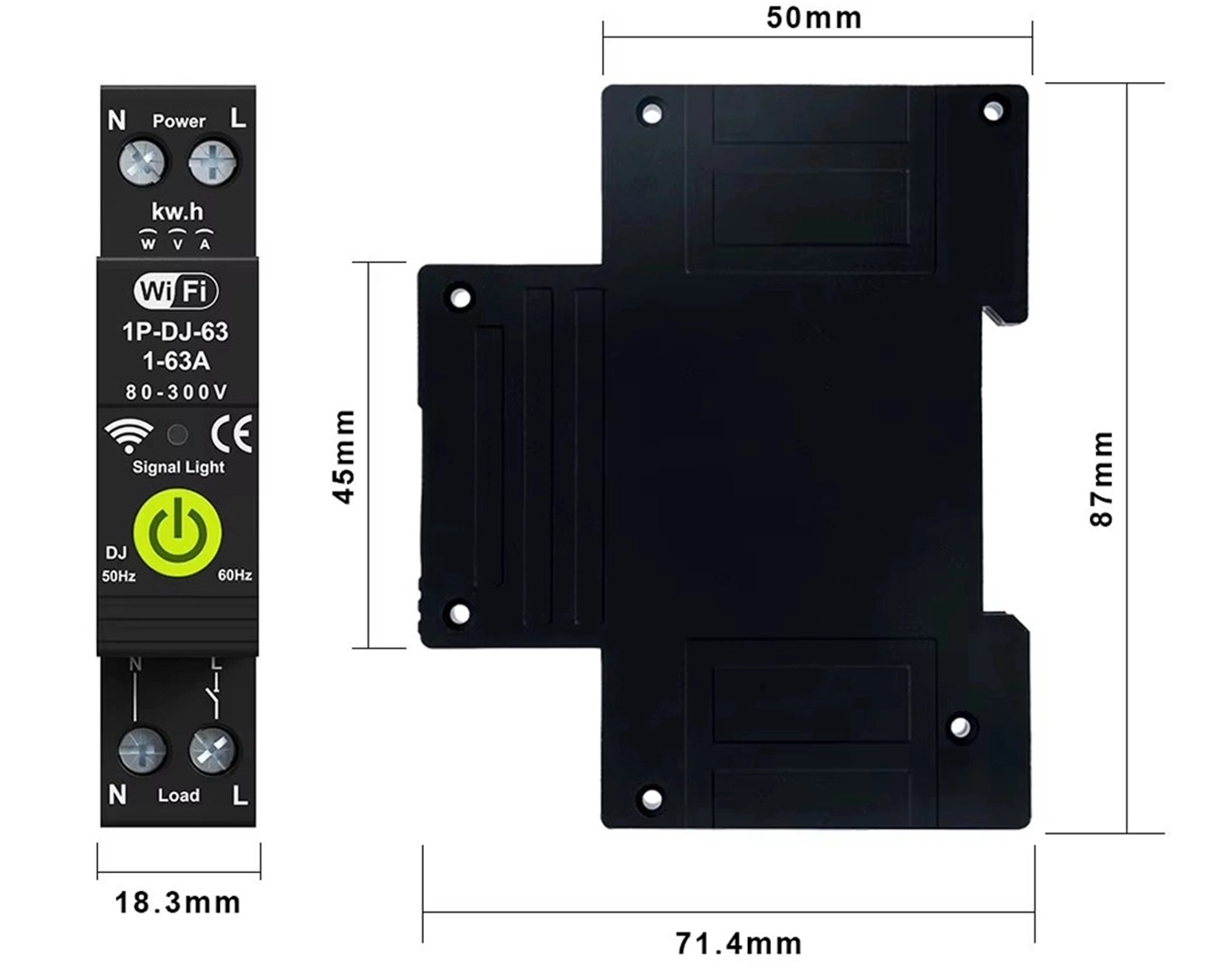 Dimensioni dell'interruttore WiFi da guida DIN 1-63A: 18,3 mm di larghezza, 87 mm di altezza e 71,4 mm di profondità