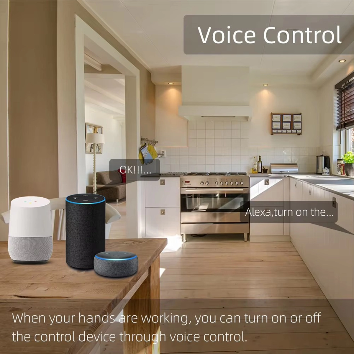 Comando vocale dell'interruttore WiFi con Alexa e Google Home in cucina, con gli altoparlanti smart sul tavolo