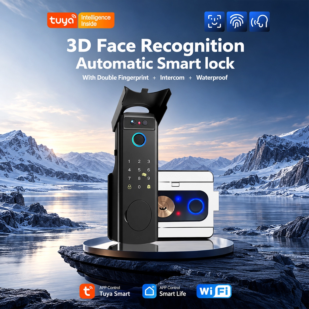 Tuya Smart Lock with 3D Facial Recognition, Dual Fingerprint, Video Intercom, and Waterproof Cover