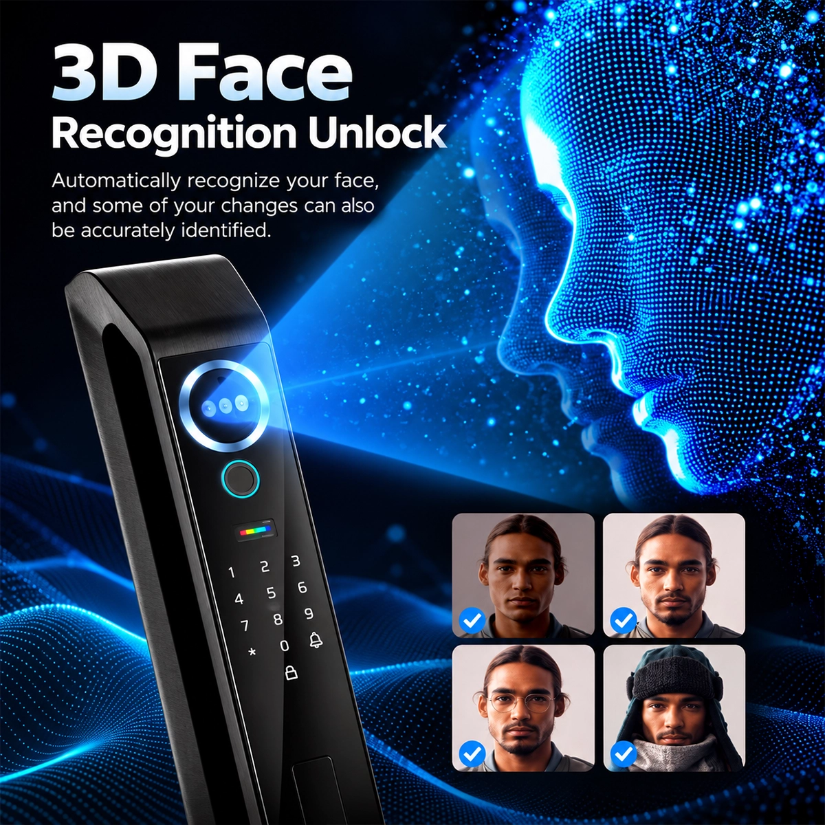 Tuya Lock 3D-gezichtsherkenning, zelfs met bril, baard of hoed.