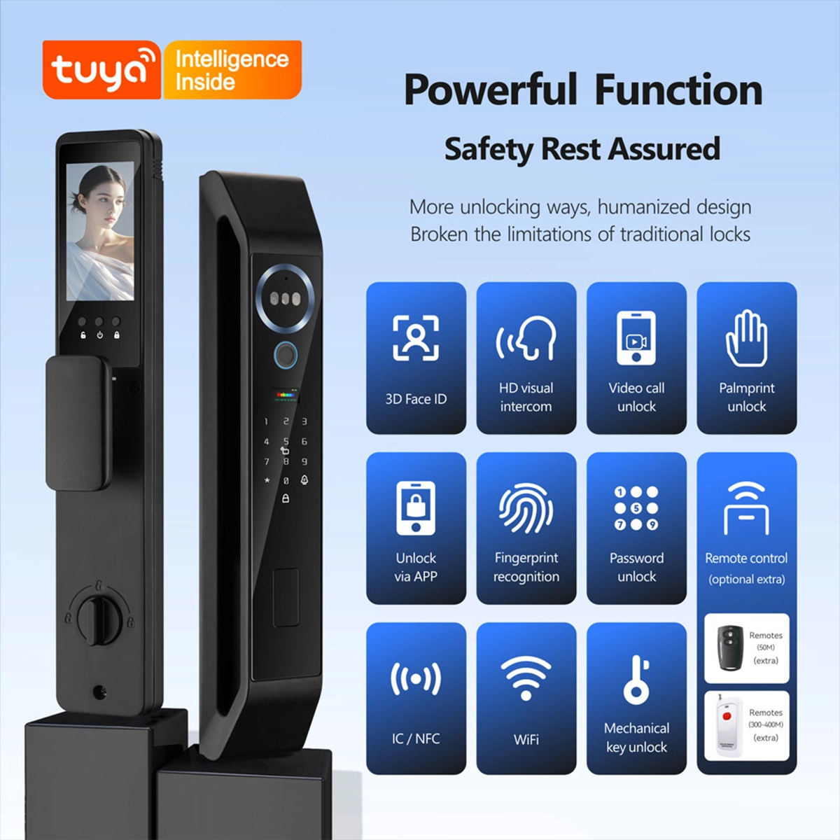 Tuya -vergrendelingsfuncties: 3D-gezichtsherkenning, video-intercom, handpalmherkenning, app, vingerafdruk, wachtwoord, kaart, sleutel