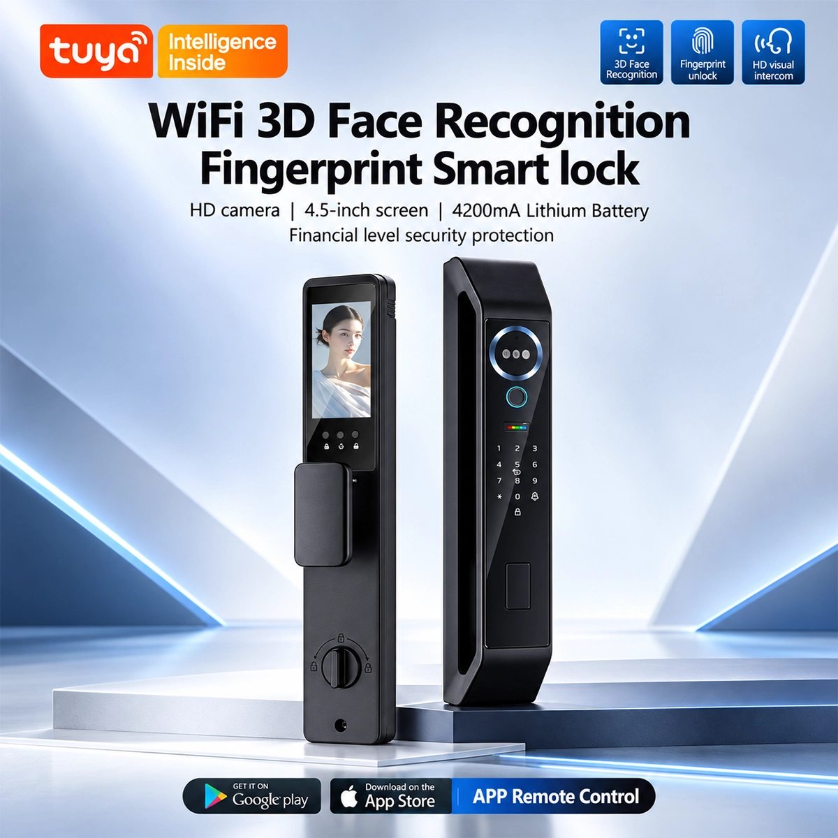 Tuya WiFi Smart Lock met 3D-gezichtsherkenning, 4,5-inch intern scherm en Tuya -app