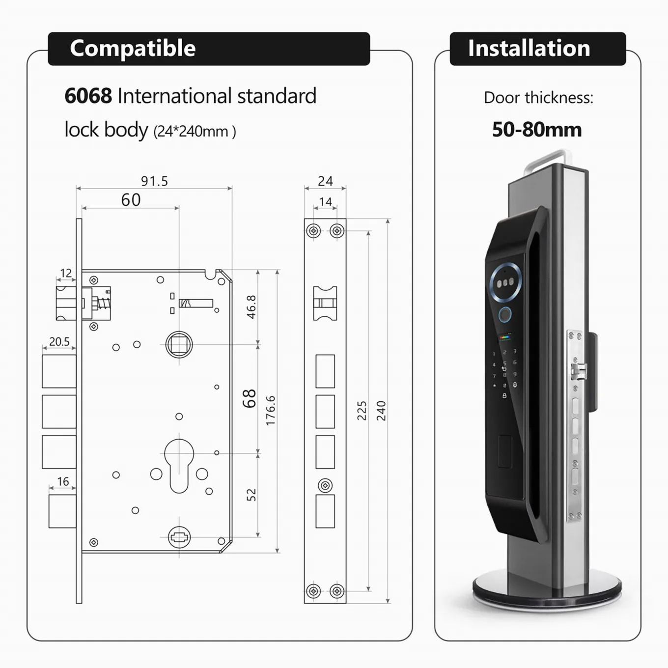 Slotbehuizing 6068 24×240 mm, compatibel met en geschikt voor installatie op deuren van 50 tot 80 mm.