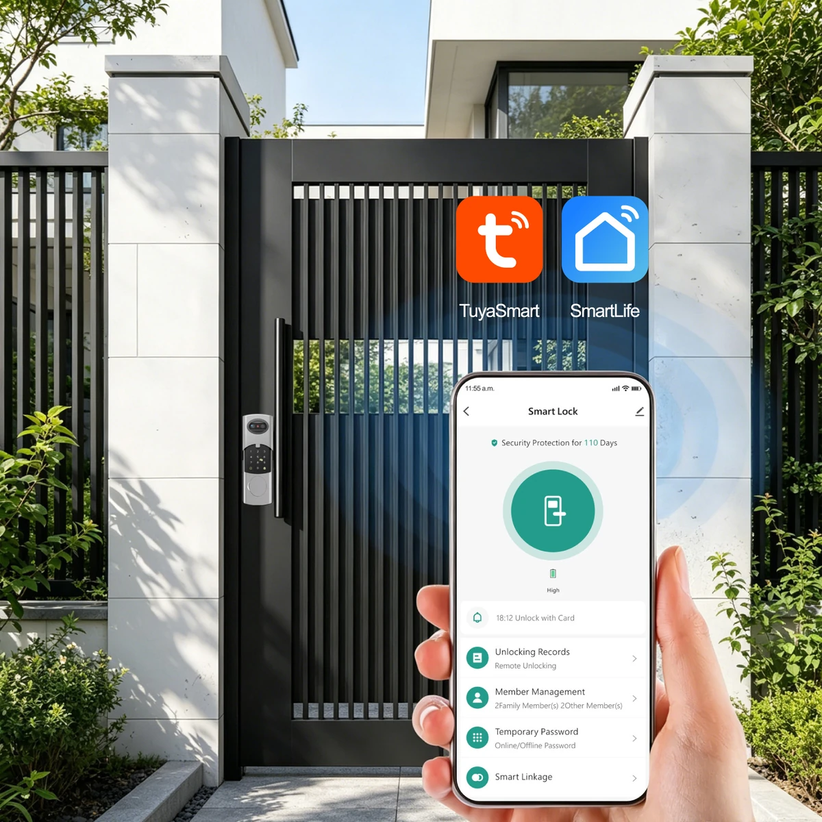 Lock page in the Tuya Smart app on your phone, in front of the gate: unlocking, logs, members and password