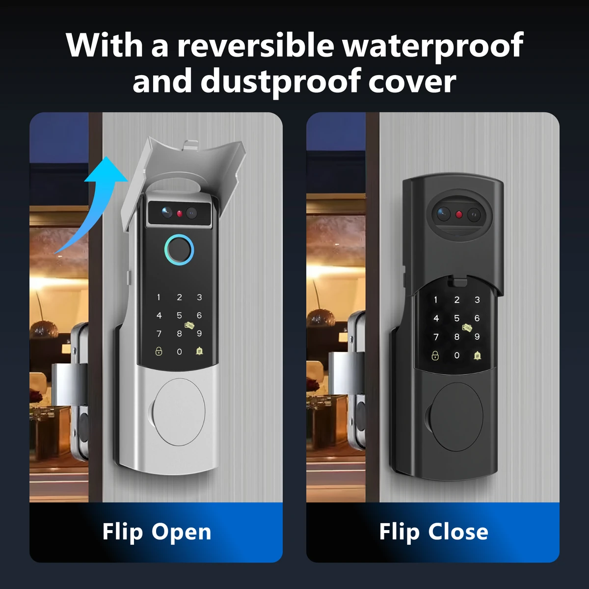 Tuya smart lock flip-up rain and dust cover, shown open and closed on the door