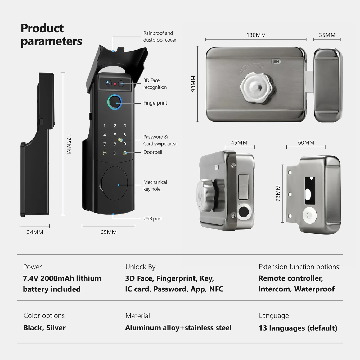 Smart lock dimensions: front 175 x 65 x 34 mm, internal box 130 x 98 mm and frame striker