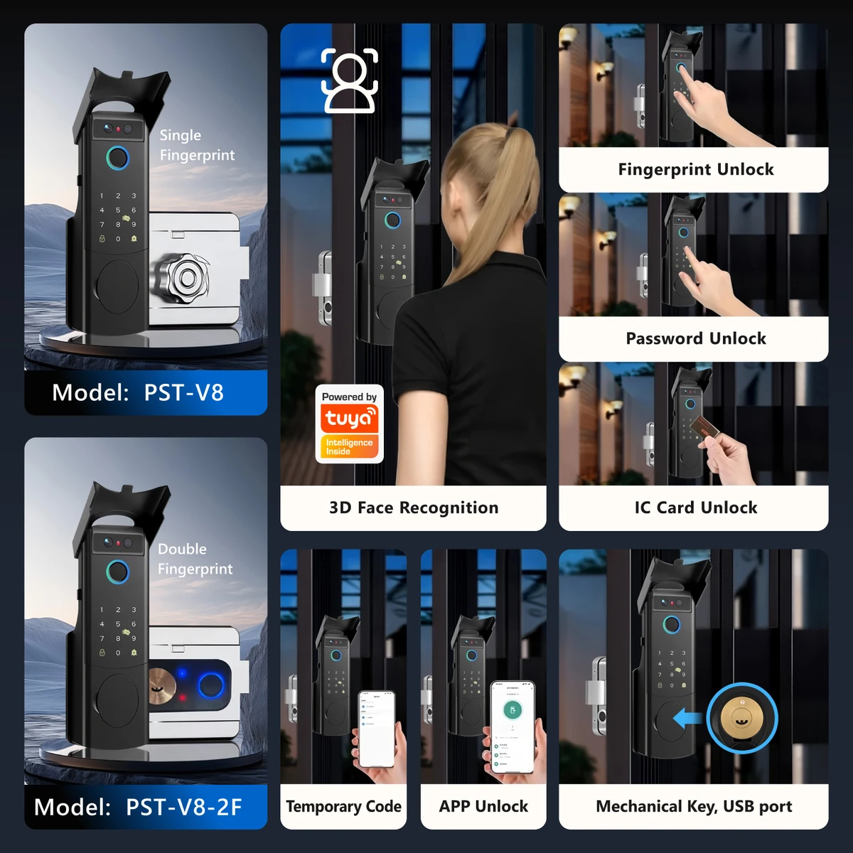 Smart lock unlocking modes: 3D face, fingerprint, password, IC card, temporary code, app and key