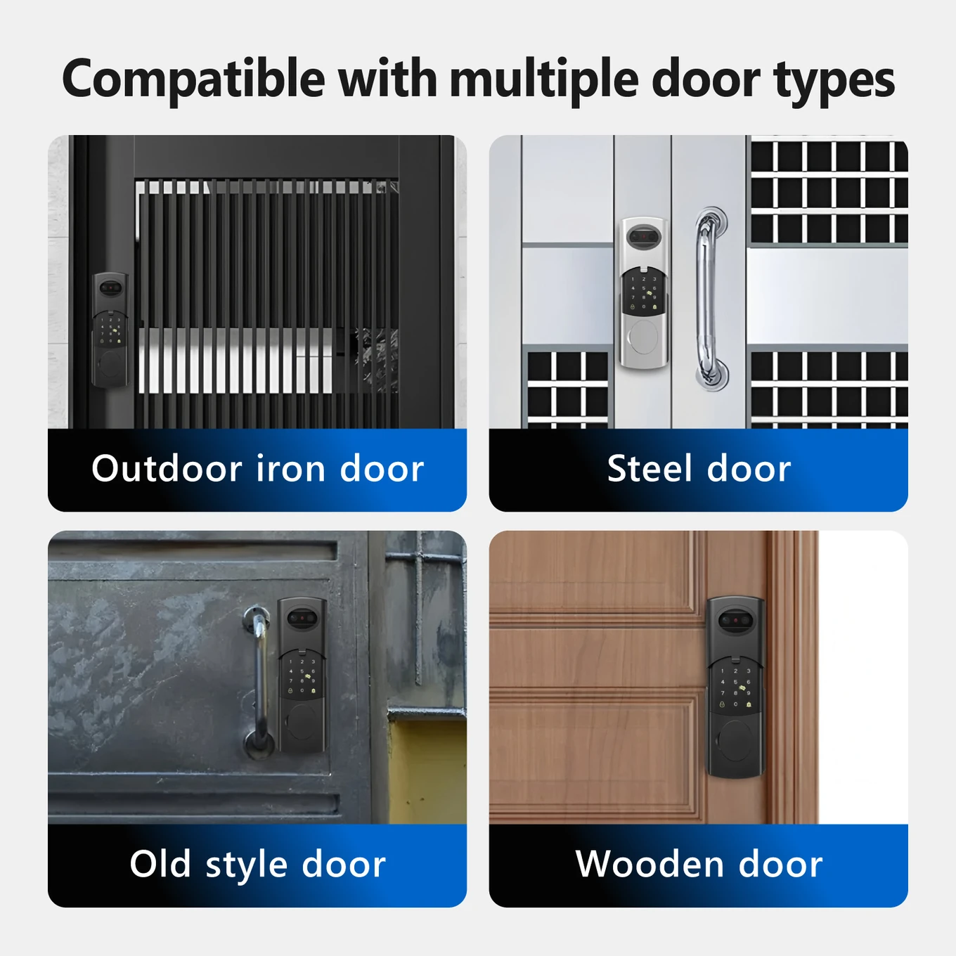Tuya smart lock on different doors: external iron door, steel door, old door and wooden door